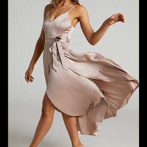 Treasuring you dress in mocha satin from Showpo